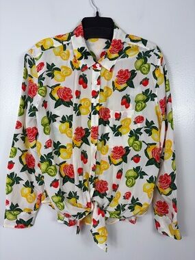 Equipment Femme crepe Silk Citrus floral Tropical Tie-Front Button-Up Blouse L
